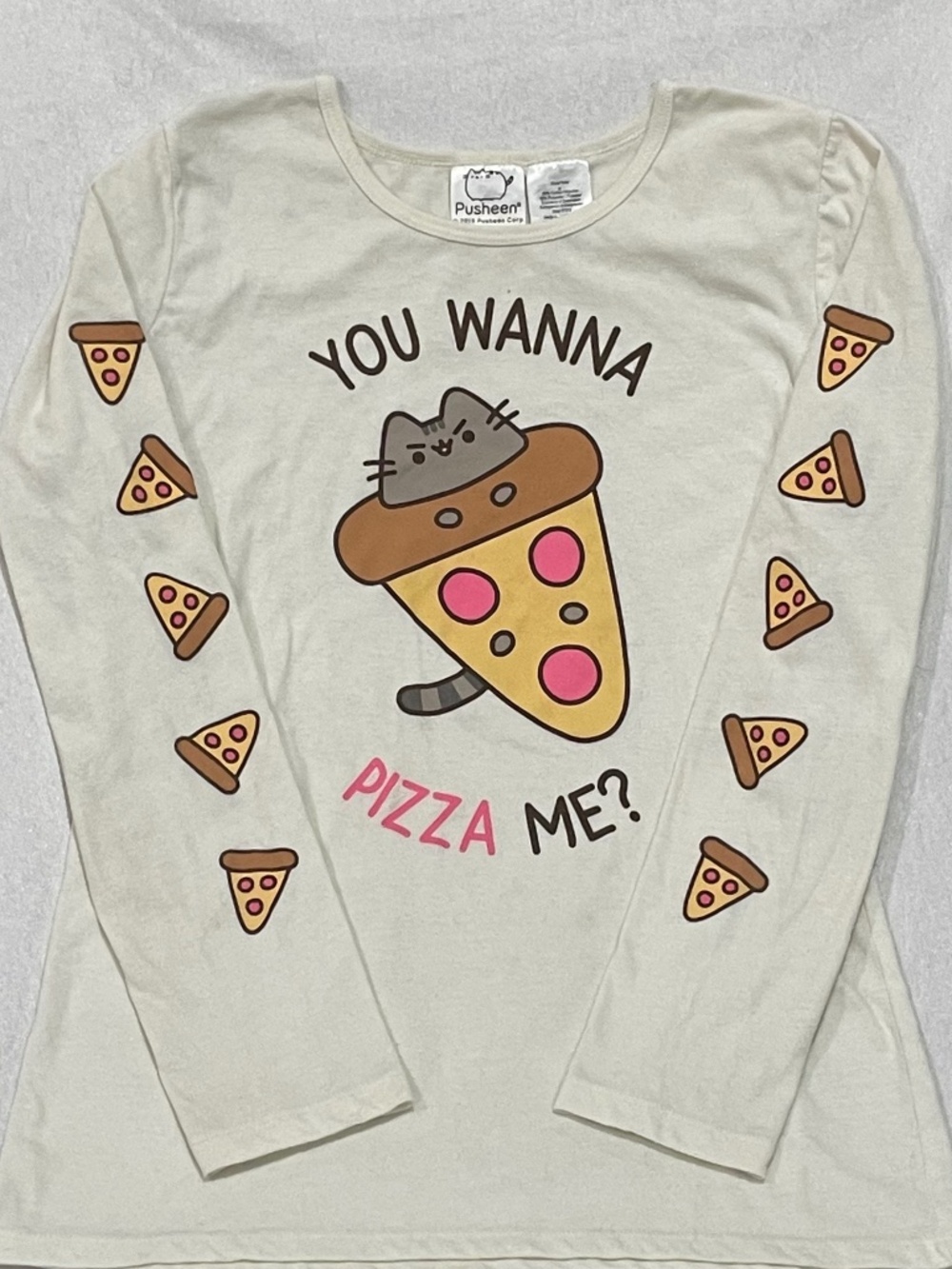 Pusheen You Wanna Pizza Me Long Sleeve Shirt Kawaii Cat Size Small